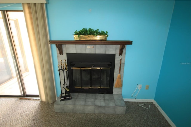 details featuring carpet flooring and a fireplace