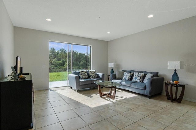 living room featuring light tile patterned flooring