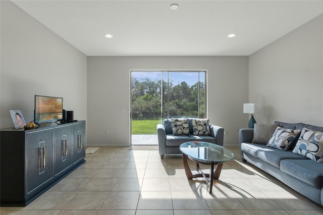 living room with light tile patterned flooring