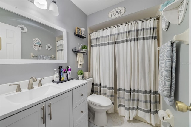 bathroom with vanity, toilet, and a shower with shower curtain