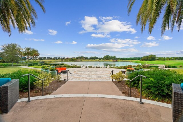 view of patio / terrace featuring a water view