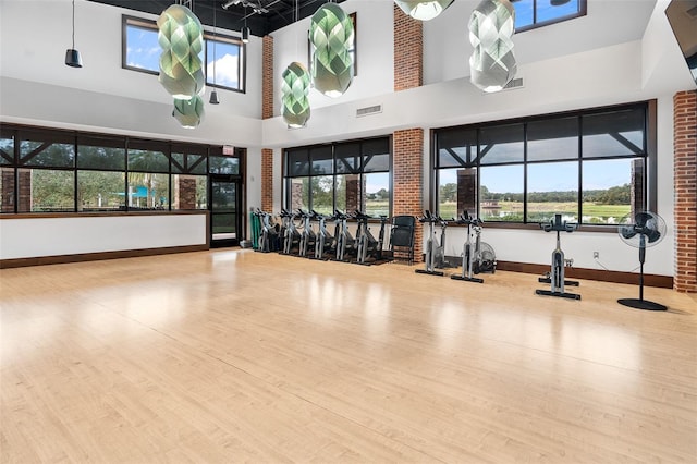 exercise area featuring hardwood / wood-style floors and a towering ceiling