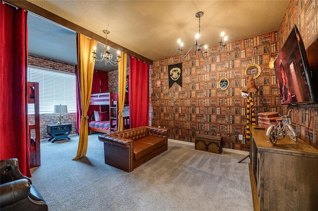 carpeted living room with an inviting chandelier and a textured ceiling