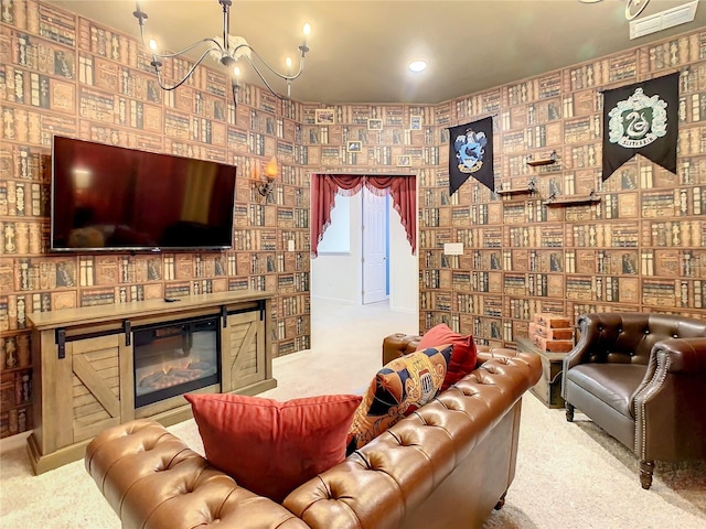 living room with carpet flooring and an inviting chandelier