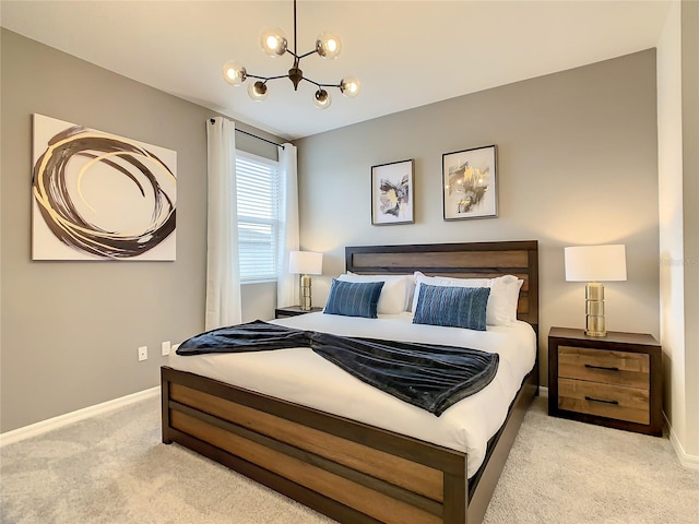 carpeted bedroom featuring a chandelier