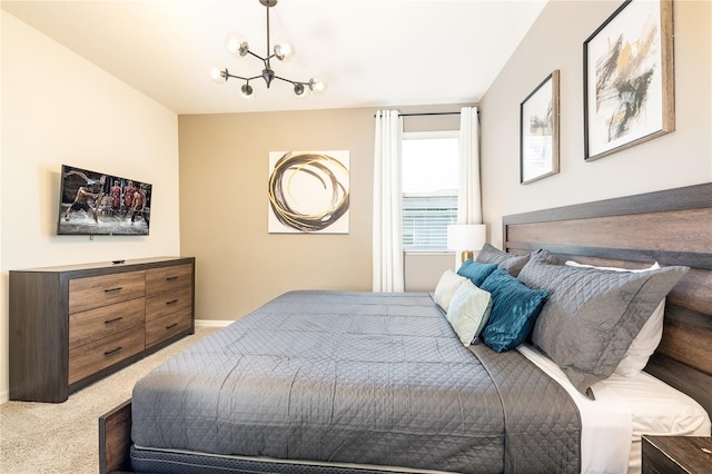 carpeted bedroom with a chandelier