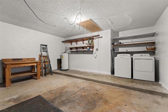 108 Clear Lake Cir, Sanford, FL 32773 - garage featuring water heater, washing machine and dryer, concrete block wall, and baseboards