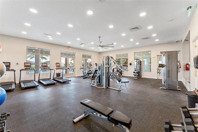 exercise room with ceiling fan