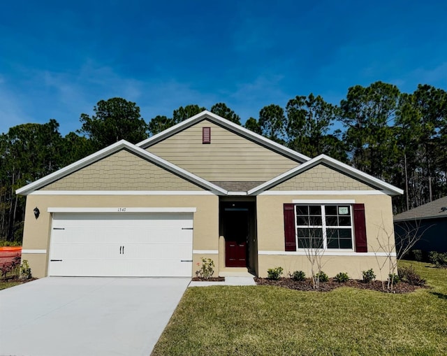 ranch-style house with a front lawn, an attached garage, driveway, and stucco siding