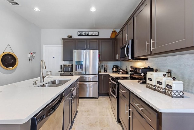 kitchen featuring appliances with stainless steel finishes, decorative backsplash, a center island with sink, and sink