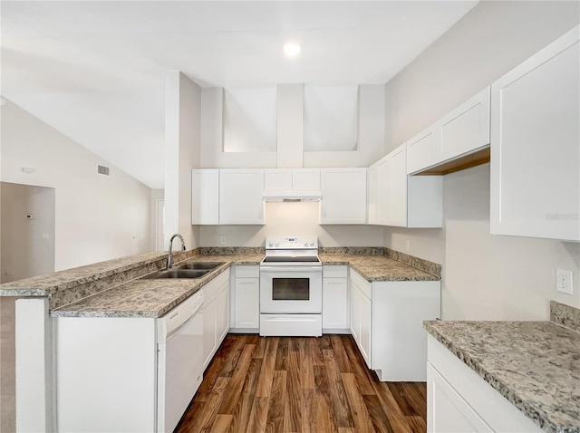 kitchen with white appliances, dark hardwood / wood-style flooring, kitchen peninsula, sink, and white cabinets