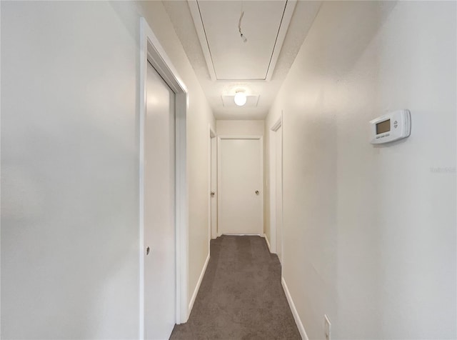 hallway featuring dark carpet