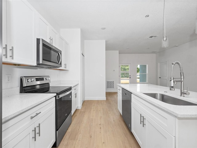 kitchen with a sink, visible vents, appliances with stainless steel finishes, and white cabinets