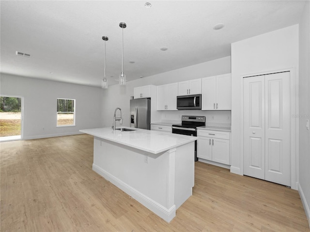 kitchen featuring visible vents, light countertops, stainless steel appliances, white cabinetry, and a sink