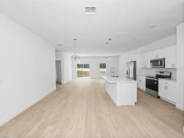 kitchen with visible vents, a sink, white cabinetry, appliances with stainless steel finishes, and light wood finished floors