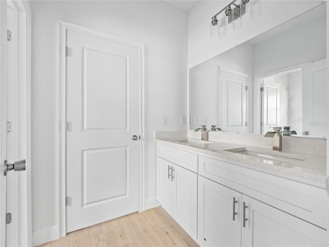 bathroom featuring double vanity, wood finished floors, and a sink