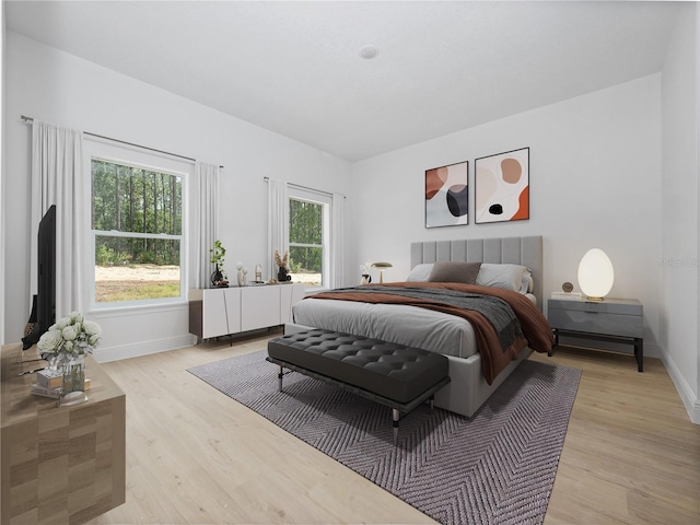 bedroom with baseboards and light wood-style flooring