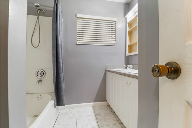 bathroom with vanity, shower / tub combo, and tile patterned flooring