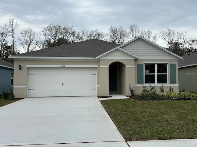 ranch-style house with a front yard and a garage