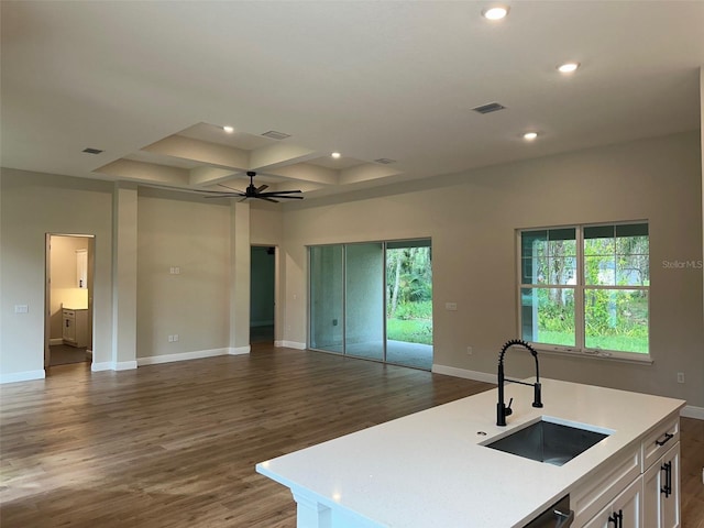 kitchen featuring dark wood-type flooring, sink, a kitchen island with sink, ceiling fan, and white cabinetry