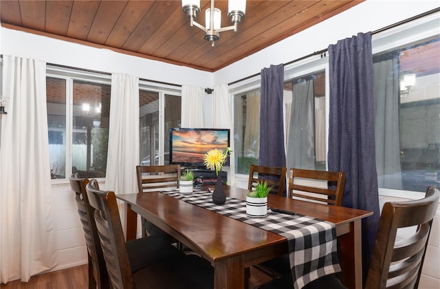 dining room with hardwood / wood-style floors, a notable chandelier, and wooden ceiling