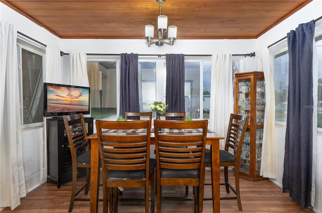 dining area featuring plenty of natural light, dark hardwood / wood-style flooring, and wooden ceiling