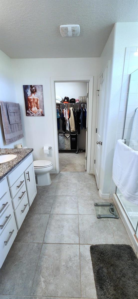 bathroom featuring a textured ceiling, vanity, toilet, and an enclosed shower