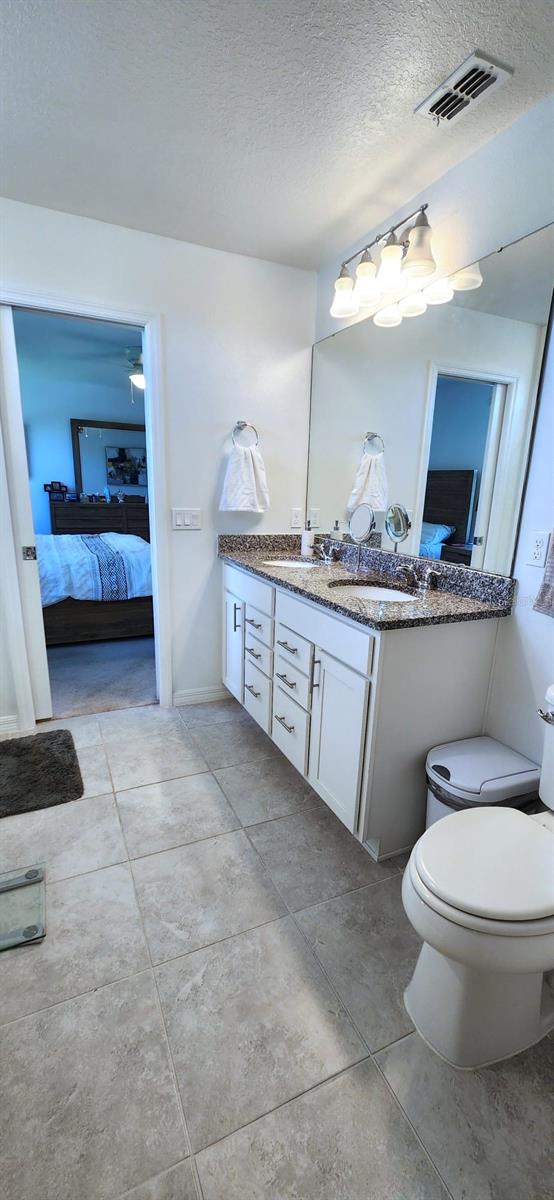 bathroom featuring vanity, toilet, and a textured ceiling