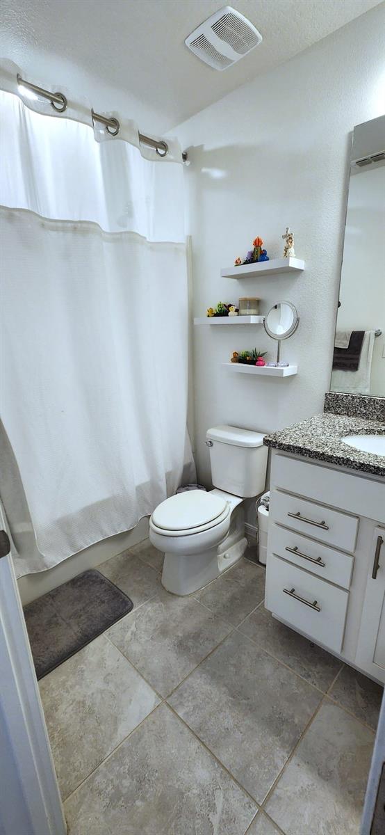 bathroom featuring curtained shower, toilet, and vanity