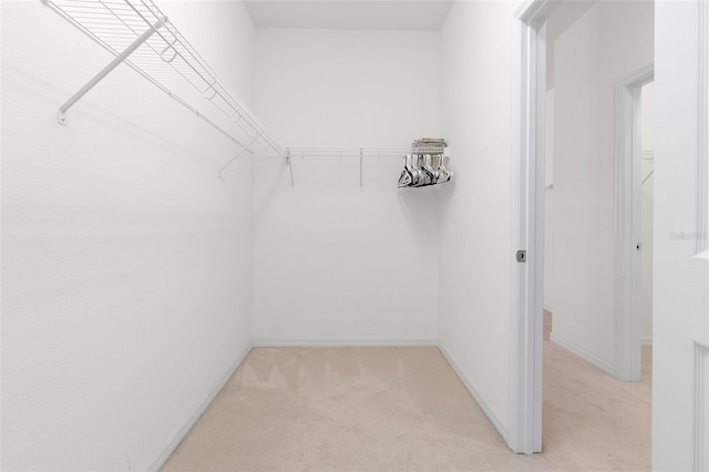 walk in closet featuring light carpet