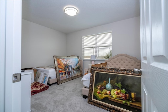 bedroom with light carpet