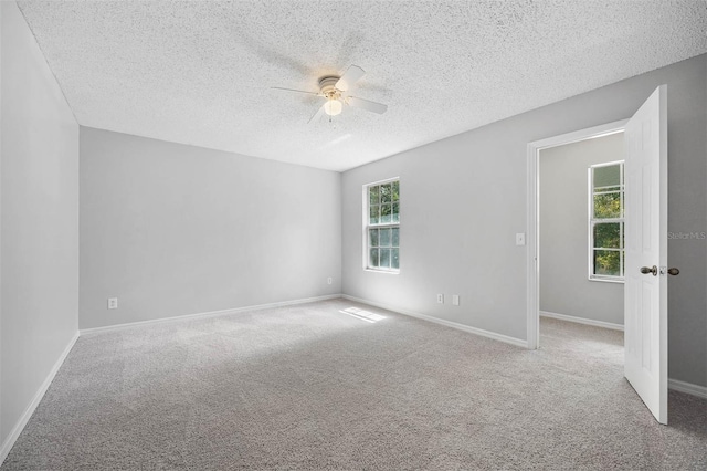 carpeted empty room featuring ceiling fan, a wealth of natural light, and a textured ceiling