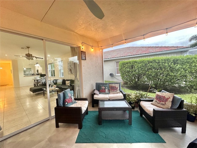 view of patio / terrace featuring ceiling fan and an outdoor hangout area