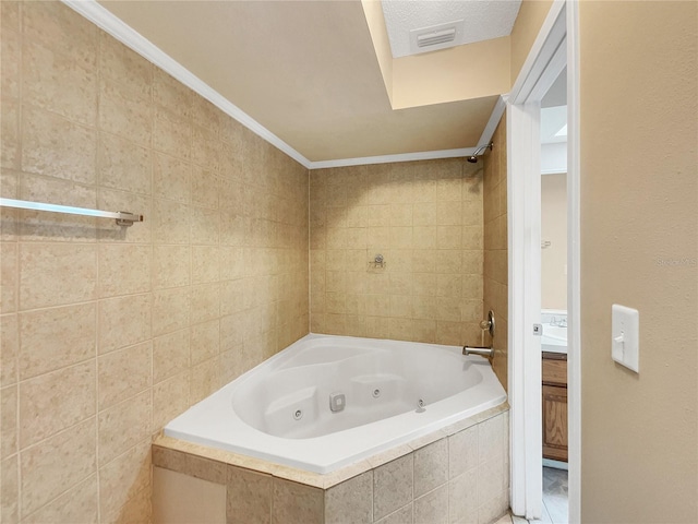 bathroom with tile walls, tiled shower / bath, tile patterned floors, and crown molding