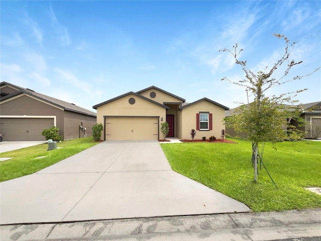 ranch-style house featuring stucco siding, driveway, a garage, and a front lawn