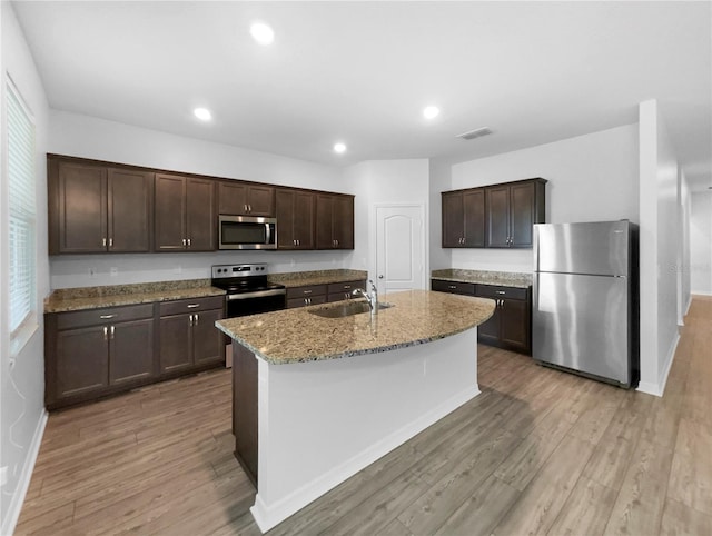 kitchen with light wood-type flooring, visible vents, a sink, stainless steel appliances, and dark brown cabinets