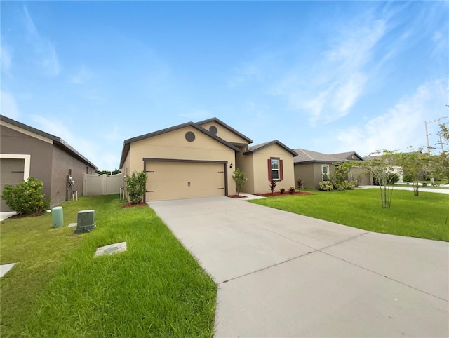 ranch-style house featuring fence, an attached garage, stucco siding, a front lawn, and concrete driveway