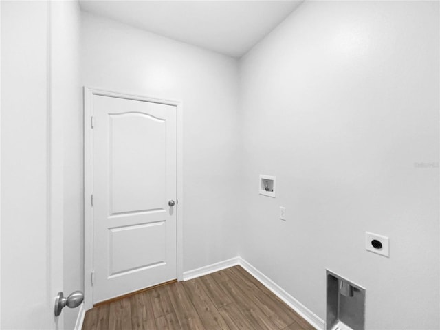 washroom featuring baseboards, laundry area, hookup for a washing machine, dark wood-style floors, and hookup for an electric dryer