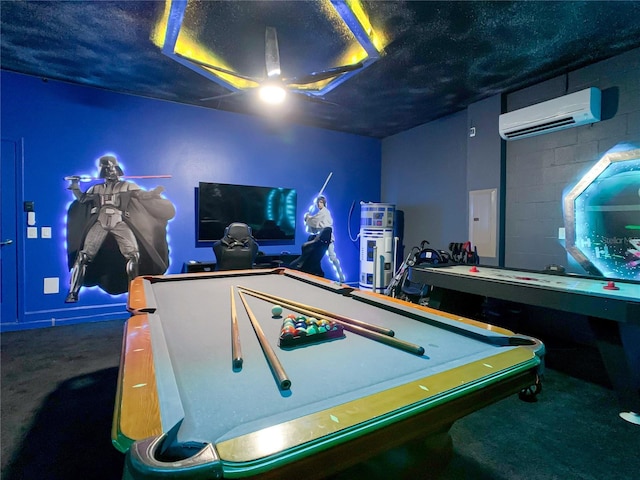 1471 Rolling Fairway Dr, Davenport, FL 33896 - rec room with electric panel, a wall mounted AC, a textured ceiling, carpet flooring, and pool table
