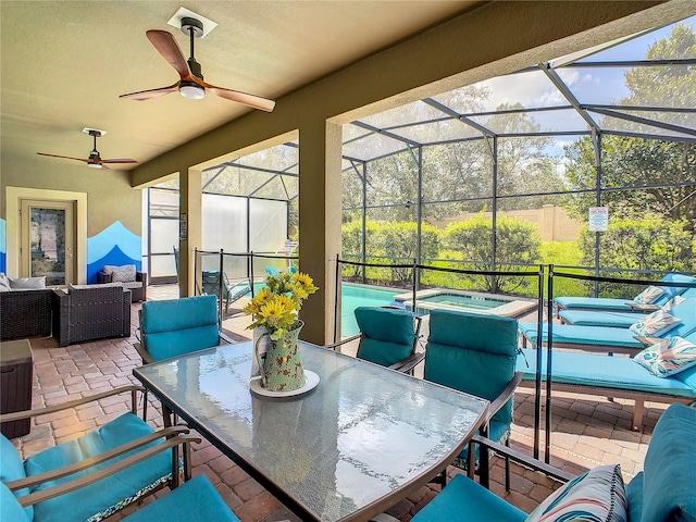 1471 Rolling Fairway Dr, Davenport, FL 33896 - view of patio / terrace with outdoor dining space, an outdoor hangout area, an in ground hot tub, and glass enclosure