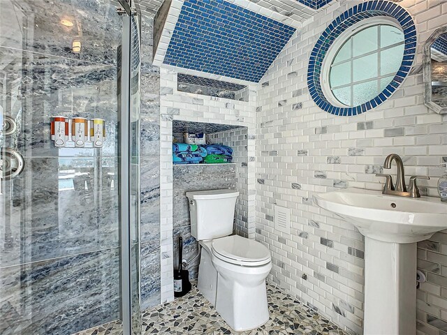 bathroom featuring tile walls, toilet, sink, and an enclosed shower