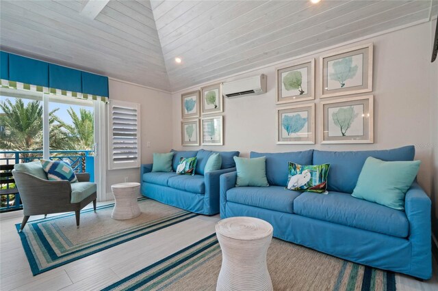 living room featuring wood ceiling, high vaulted ceiling, and a wall unit AC