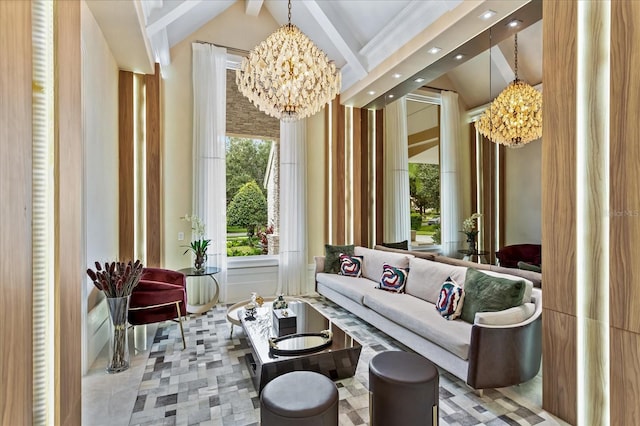 interior space featuring high vaulted ceiling, an inviting chandelier, and beam ceiling