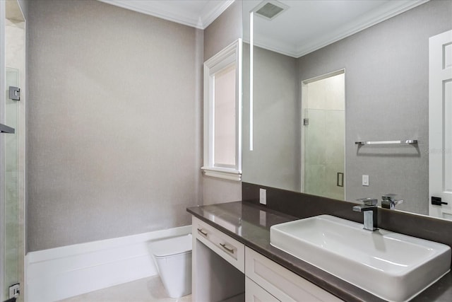 bathroom with a shower with shower door, toilet, crown molding, and vanity