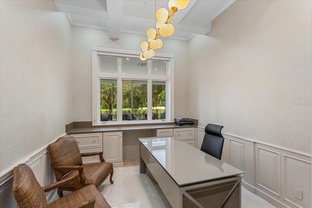 office area with ornamental molding and beamed ceiling