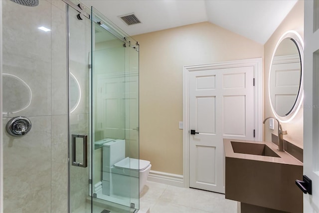 bathroom with tile patterned floors, walk in shower, toilet, lofted ceiling, and vanity