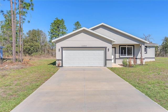 ranch-style home with an attached garage, concrete driveway, a front yard, and stucco siding