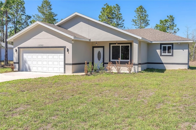 ranch-style house with a garage, a shingled roof, concrete driveway, stucco siding, and a front yard