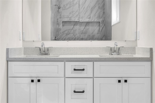 full bath featuring double vanity, a shower, and a sink