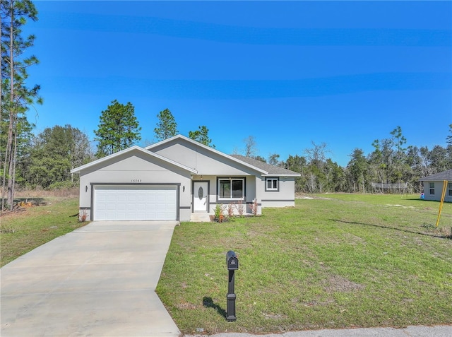 ranch-style home with a garage, a front lawn, concrete driveway, and stucco siding